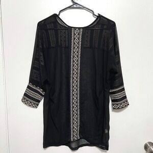 Staring At Stars Black Sheer Boho Geometric Top Size M Embroidered Whimsigoth
